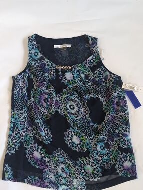 Peter Nygard Navy Floral Lace-Pattern Jewel Neck Sleeveless Top - S